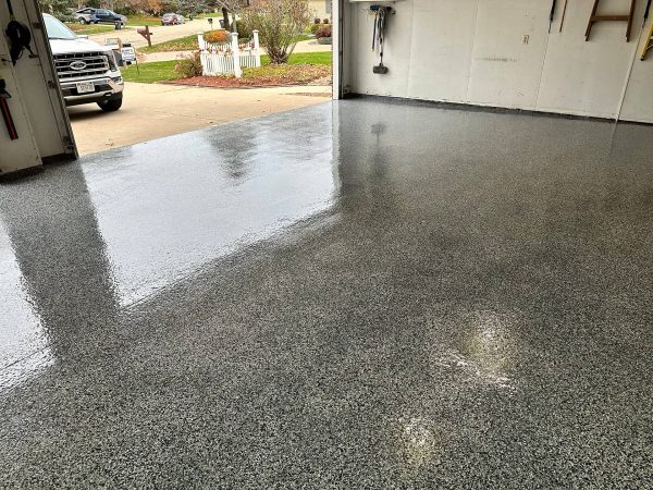 A residential garage after epoxy application