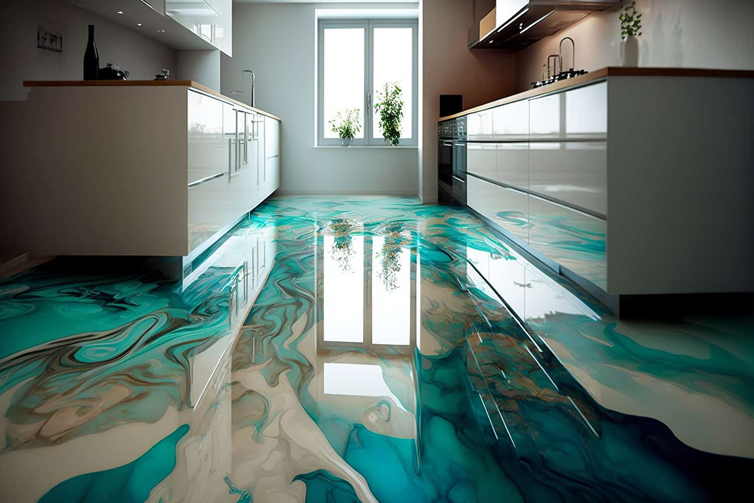 High-gloss artistic epoxy flooring in a modern kitchen installation