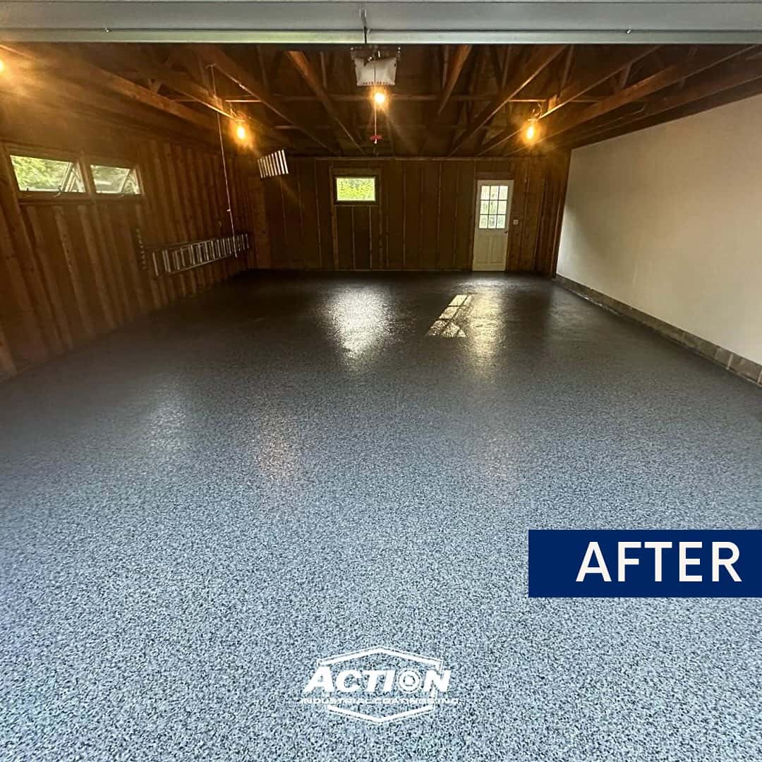 Finished and polished concrete garage floor after epoxy coating installation by Action Painting & Epoxy Coatings in Northeast Wisconsin
