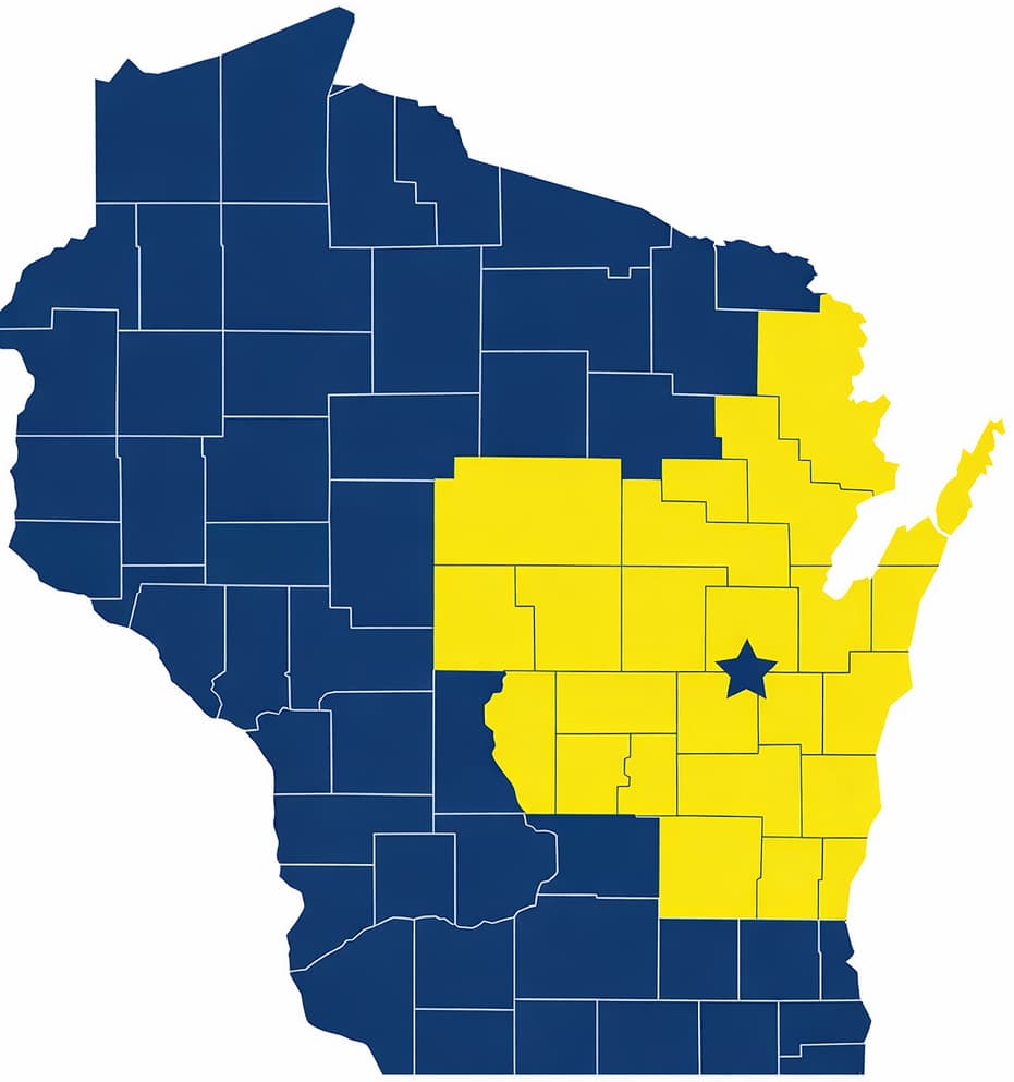 Service area map showing where Action Painting & Epoxy Coatings provides epoxy flooring and painting services across the Fox Valley and Northeast Wisconsin